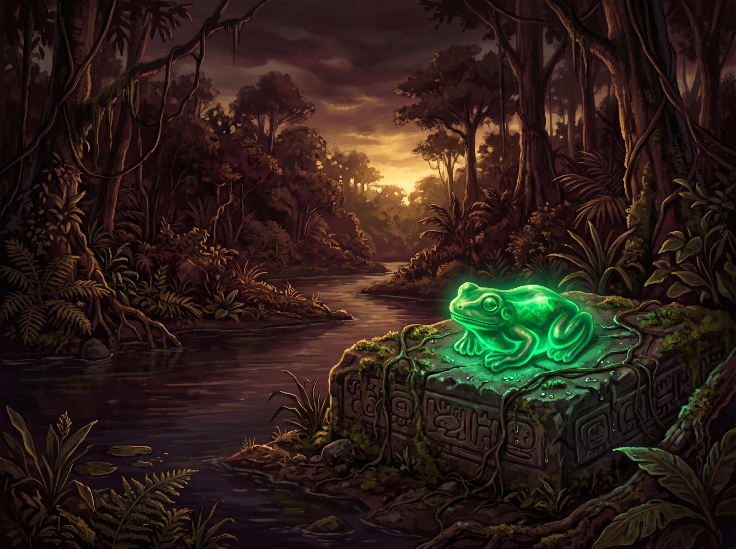 Ilustração mística de lendas indígenas brasileiras em floresta amazônica