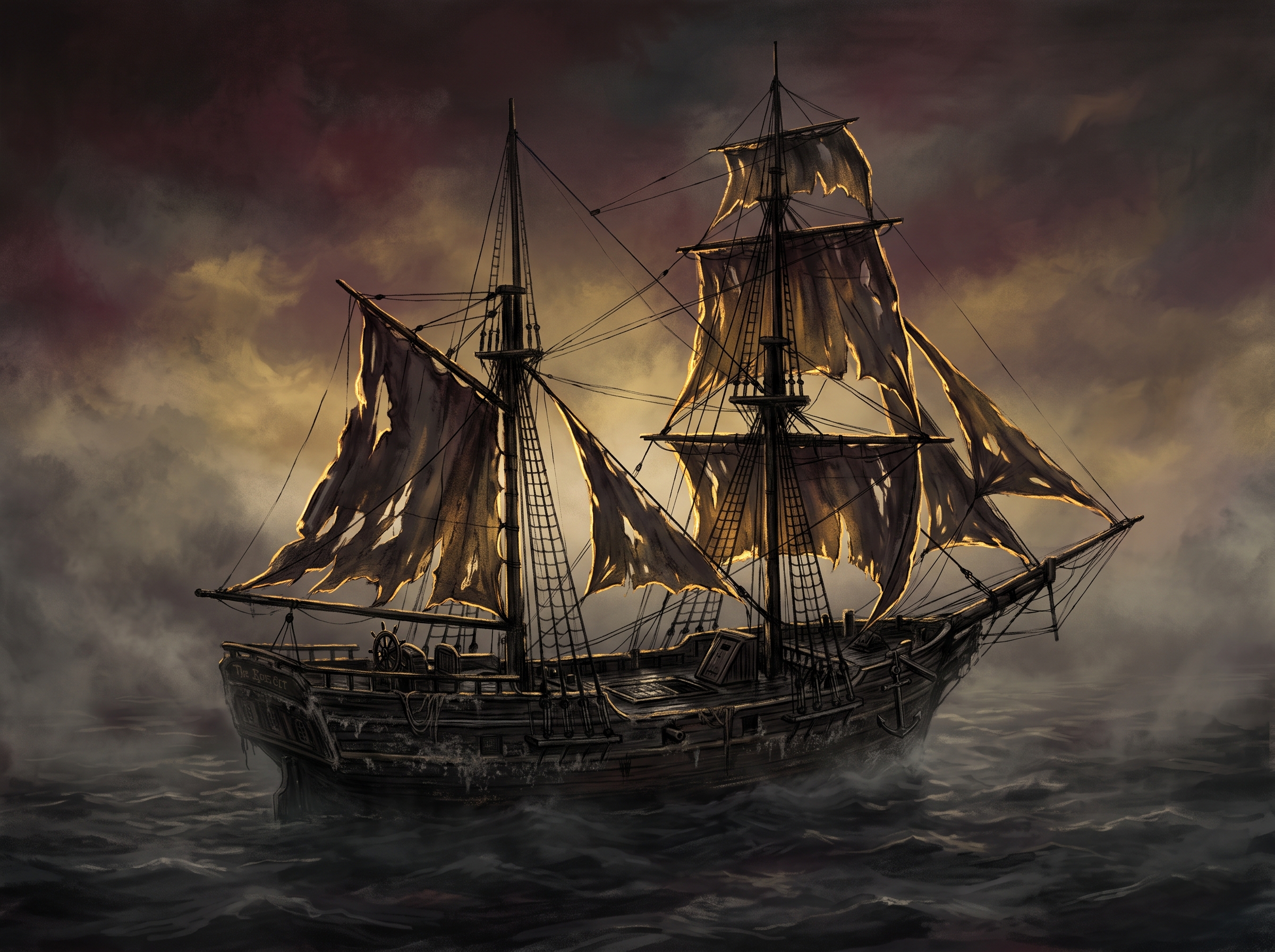 Navio fantasma Mary Celeste à deriva no oceano em atmosfera sombria e misteriosa