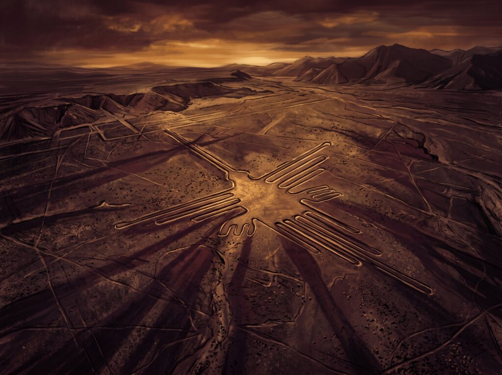 Geoglifos das Linhas de Nazca vistos do alto no deserto peruano
