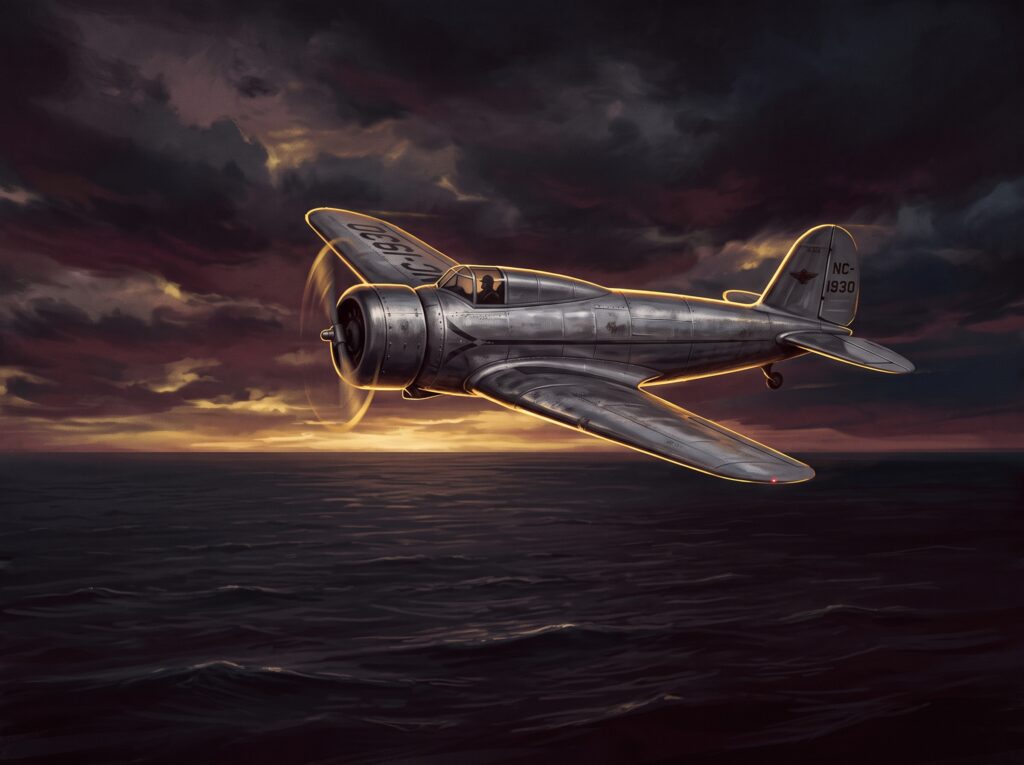 Amelia Earhart ao lado de seu avião antes do voo de 1937 em atmosfera de mistério histórico