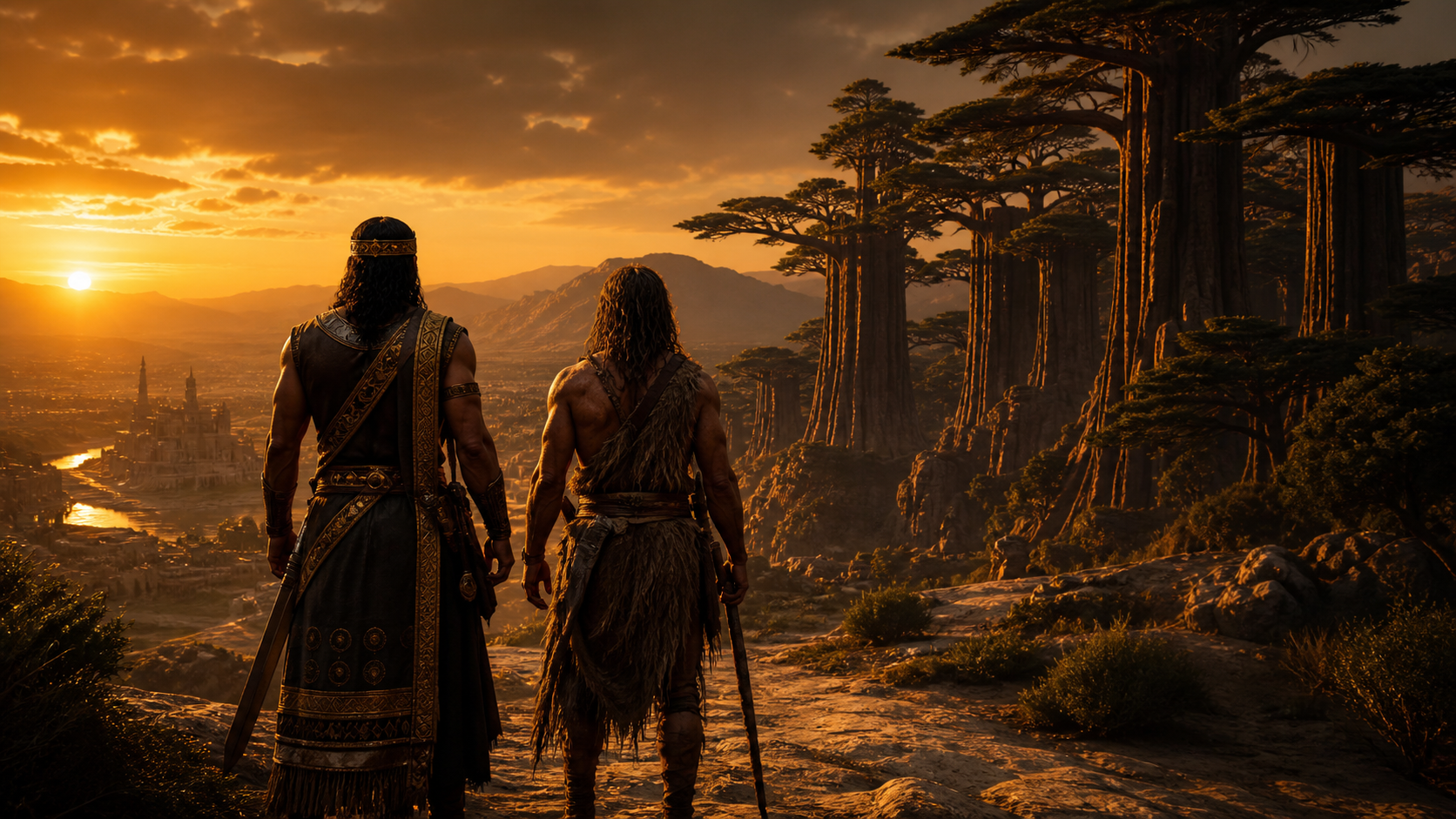 Gilgamesh e Enkidu viajando juntos em direção à Floresta dos Cedros