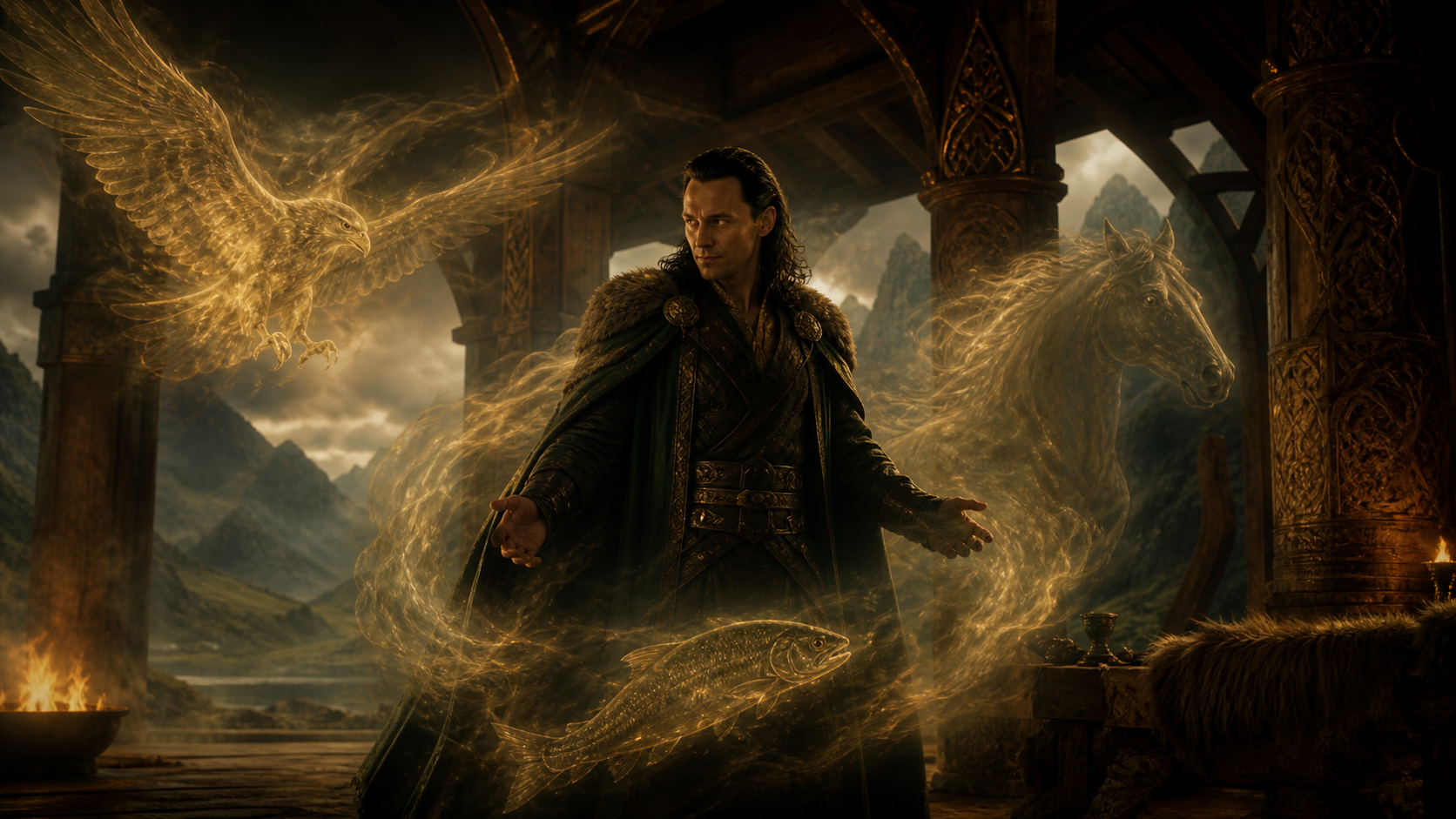 Loki cercado por formas simbólicas de falcão, salmão e égua em um salão nórdico