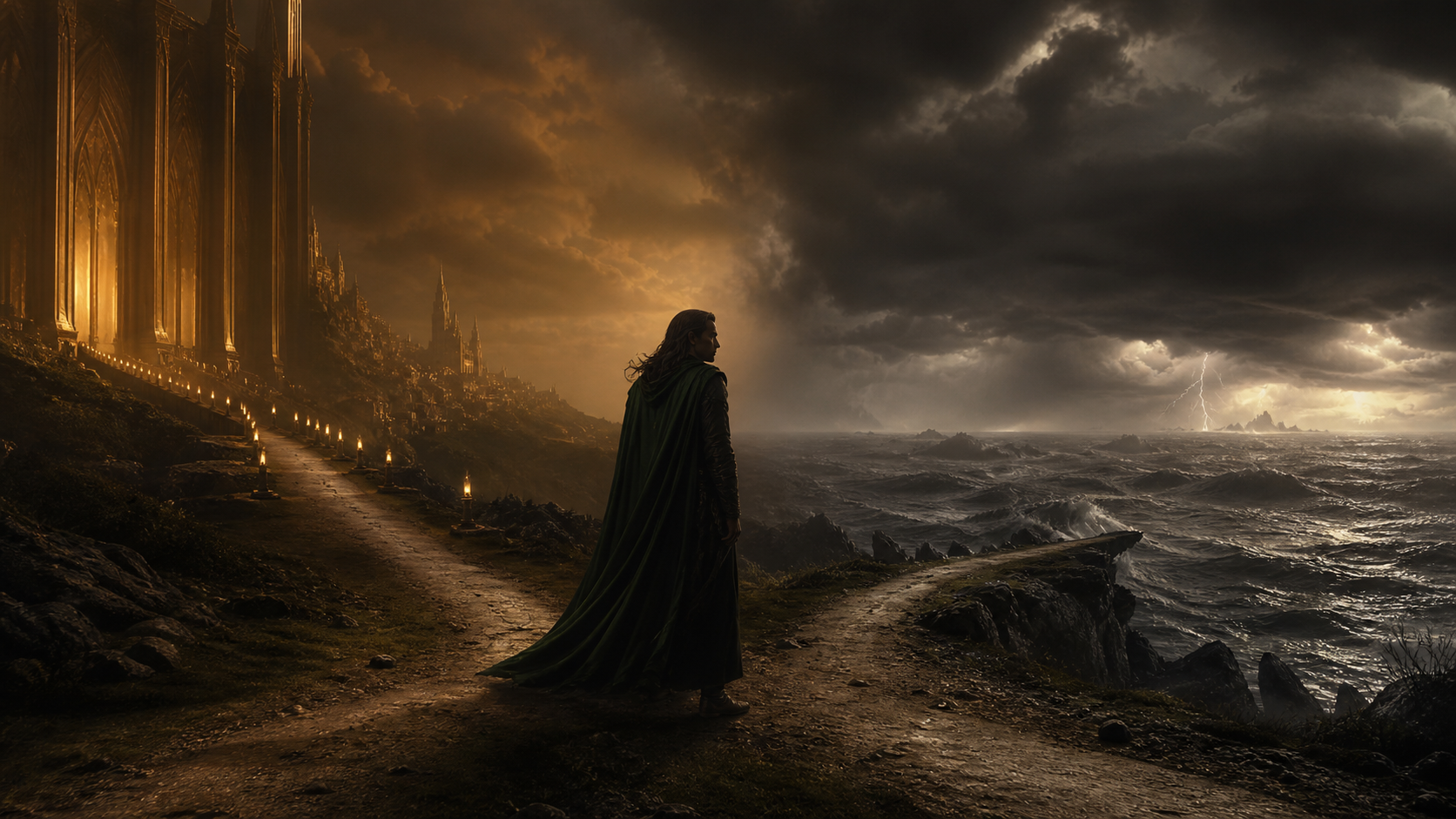 Loki diante de uma paisagem dividida entre a ordem divina e o mar tempestuoso do Ragnarök
