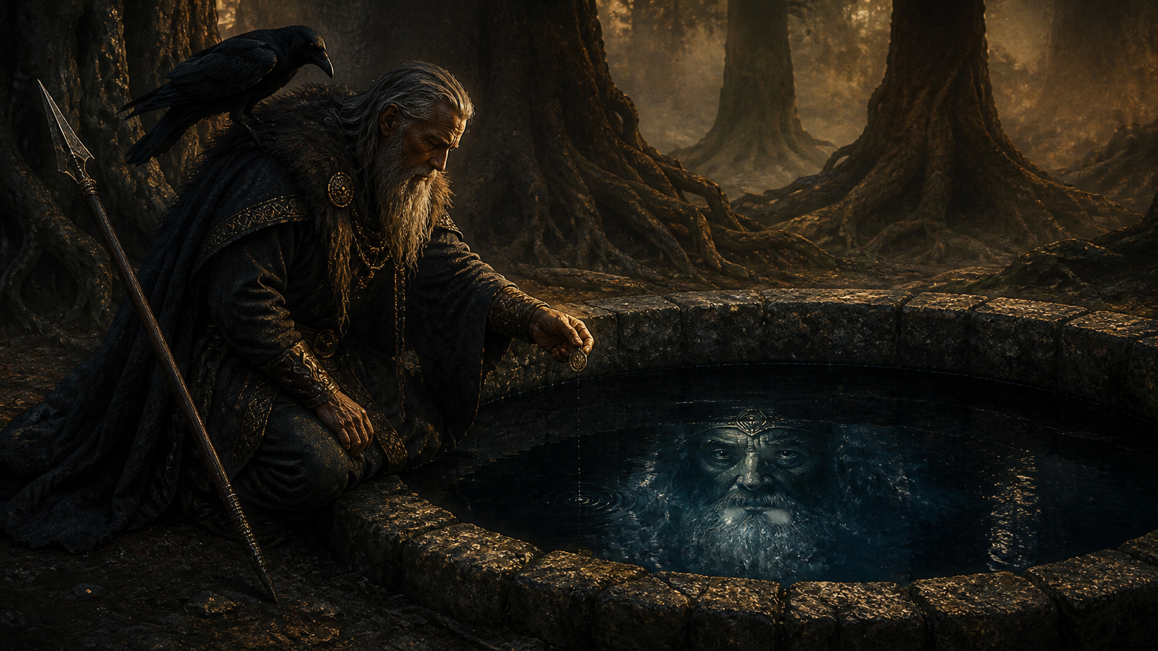 Odin ajoelhado diante do poço de Mímir em busca de sabedoria