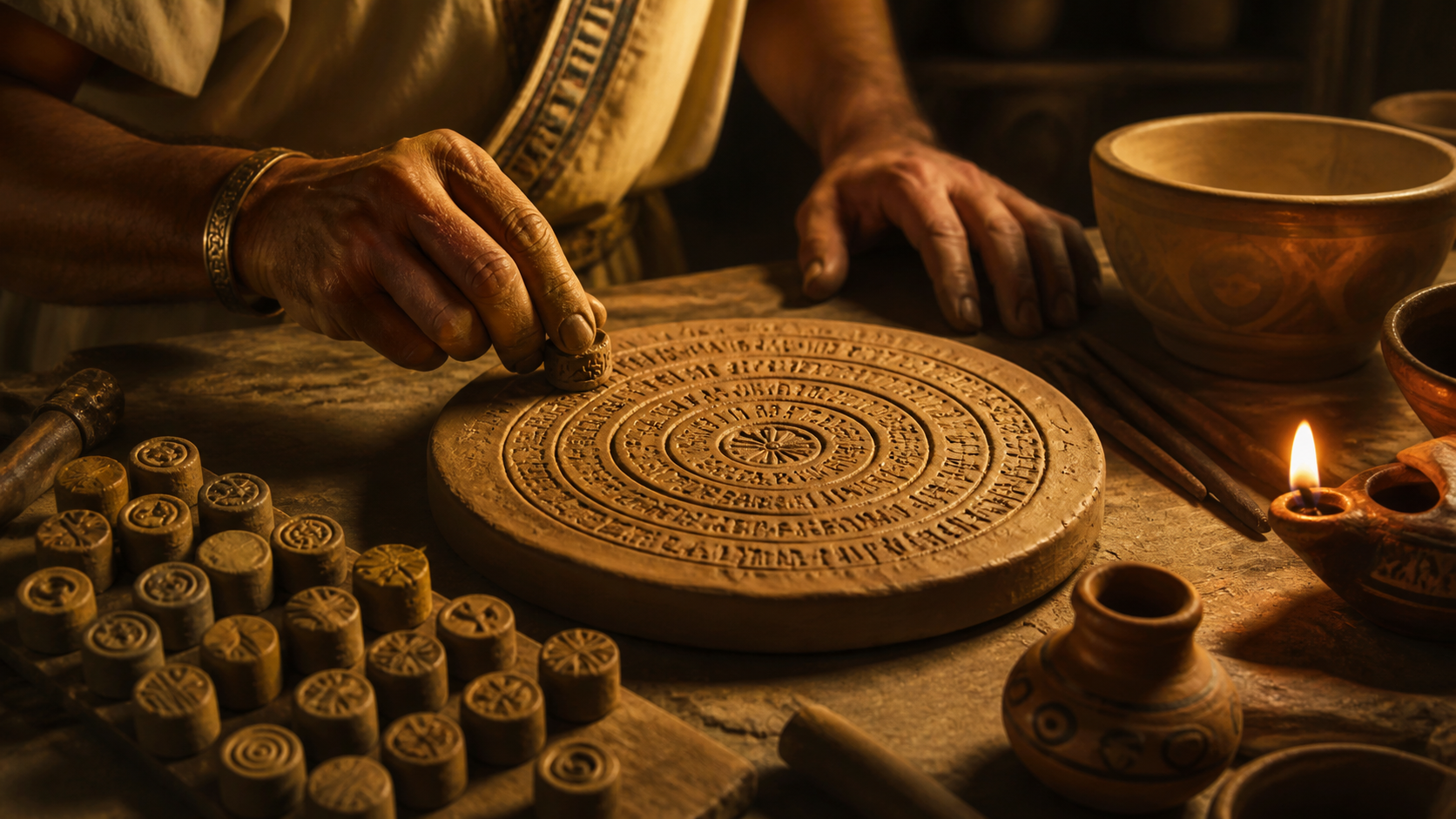 Artesão da Idade do Bronze pressionando pequenos selos em um disco de argila