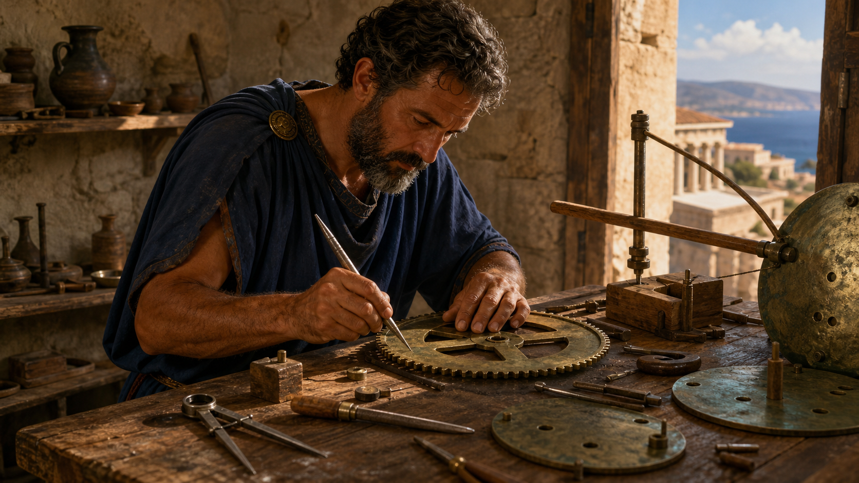 Reconstrução artística de um artesão helenístico produzindo uma engrenagem de bronze