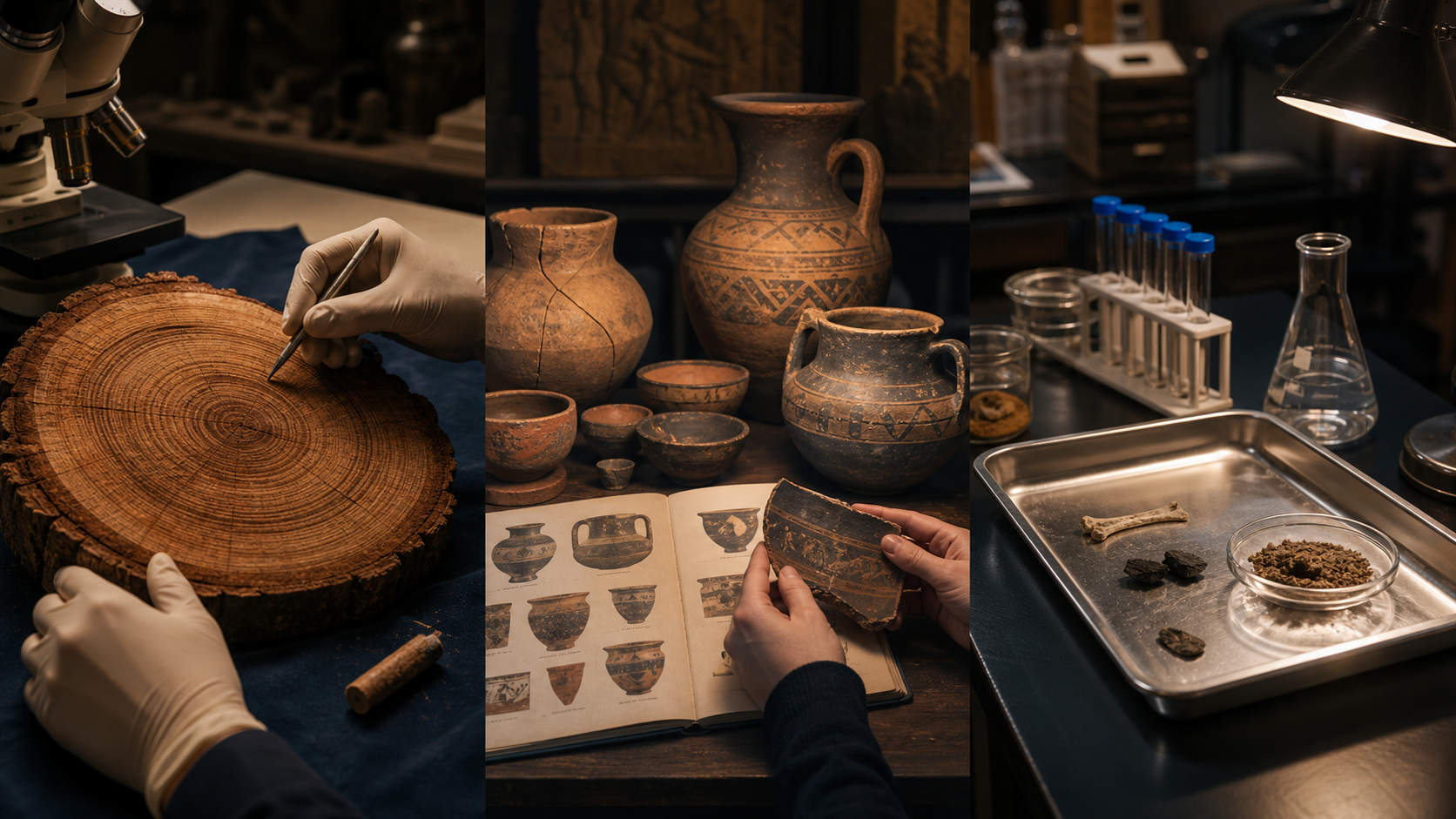 Métodos de datação arqueológica com anéis de árvore, tipologia cerâmica e laboratório