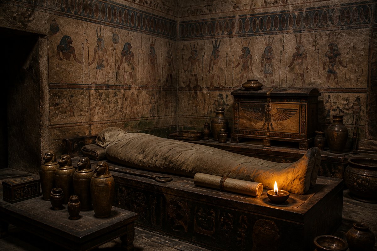 Ilustração artística de uma câmara funerária egípcia com papiro e objetos rituais