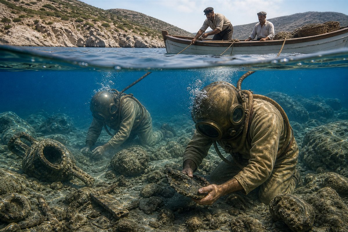 Reconstrução conceitual da descoberta de fragmentos do Mecanismo de Anticítera em um naufrágio antigo