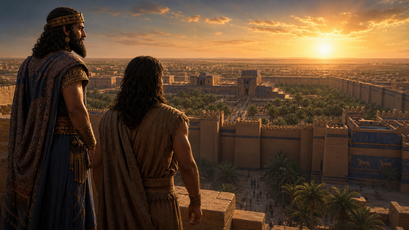Representação artística de Gilgamesh e Enkidu diante das muralhas de Uruk