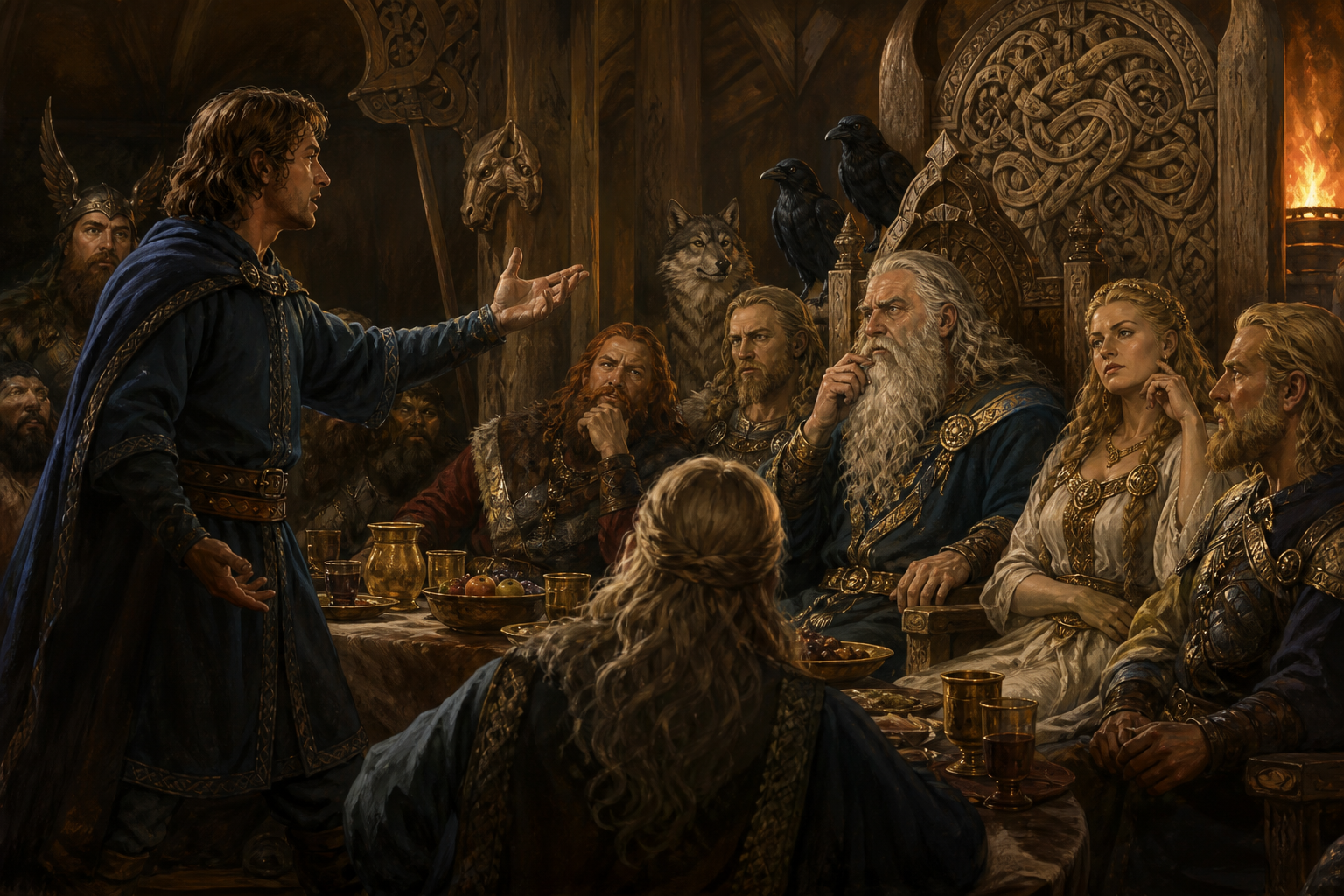Ilustração artística da disputa verbal de Loki no banquete de Aegir