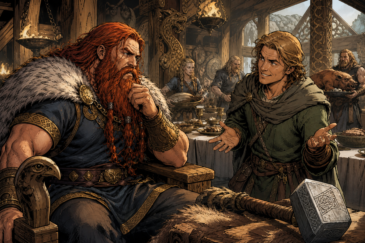 Ilustração artística de Loki ajudando Thor a recuperar o martelo