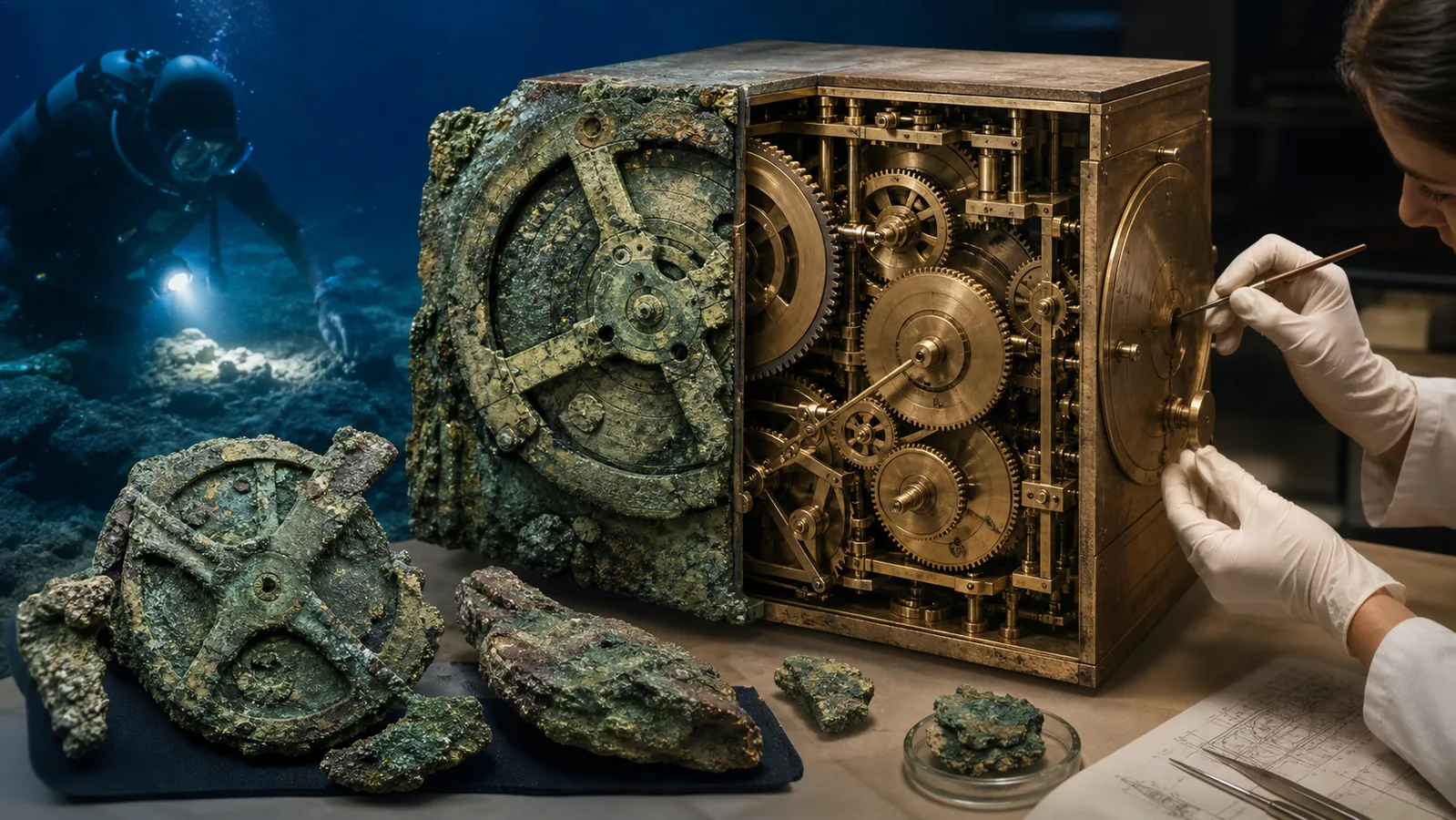 Fragmentos corroídos do mecanismo de Anticítera ao lado de uma reconstrução conceitual de suas engrenagens