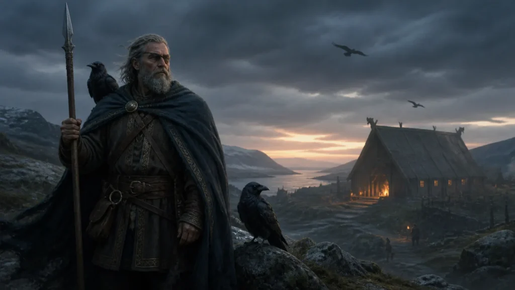 Reconstrução artística de Odin como viajante de um olho, com lança e corvos diante de um salão nórdico