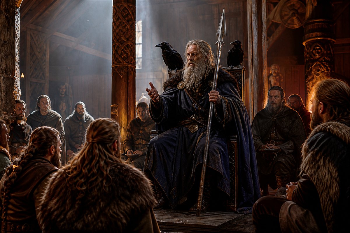 Ilustração artística de Odin em um salão nórdico associada ao hidromel da poesia