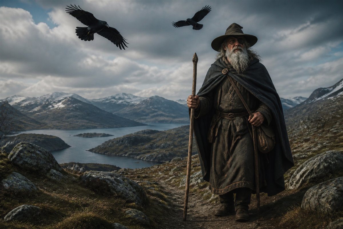 Ilustração artística de Odin como viajante acompanhado pelos corvos Huginn e Muninn