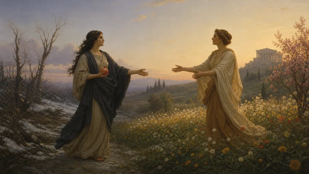 Representação artística de Perséfone com uma romã reencontrando Deméter entre o inverno e a primavera