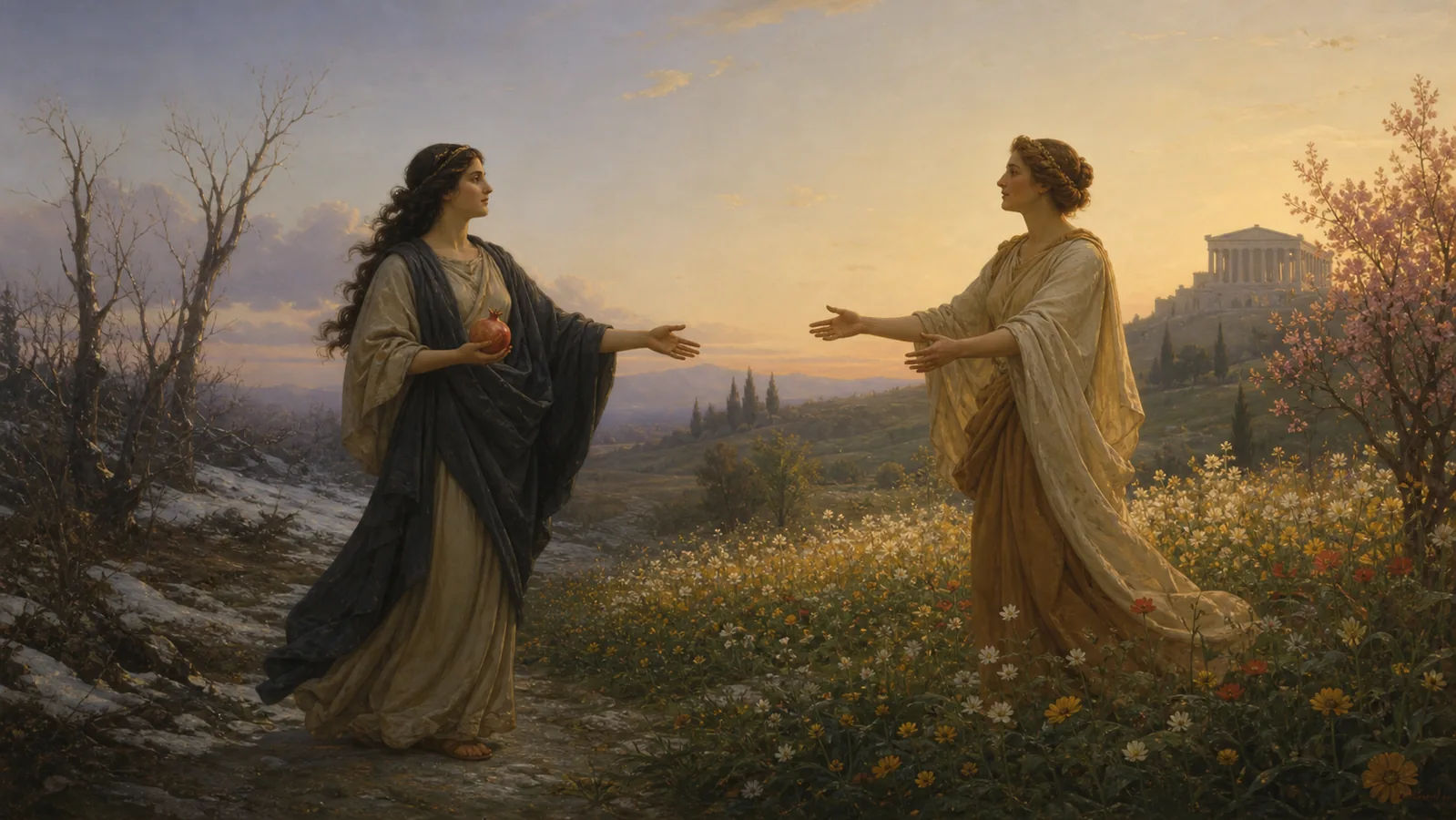 Representação artística de Perséfone com uma romã reencontrando Deméter entre o inverno e a primavera