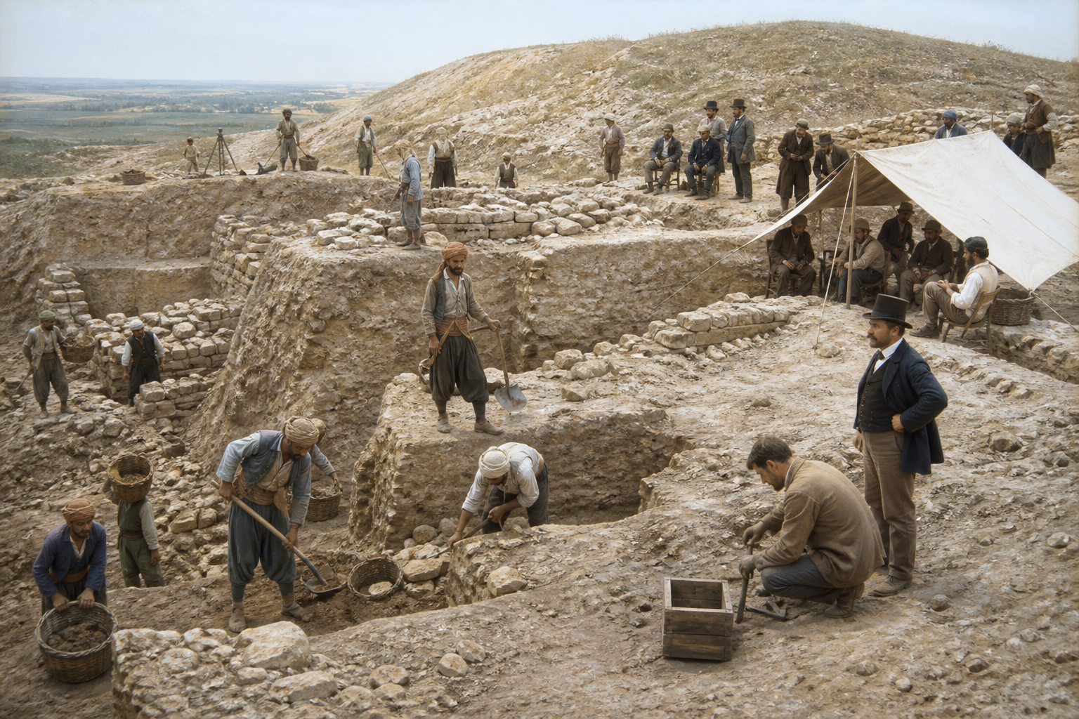 Reconstrução artística das escavações de Heinrich Schliemann em Troia