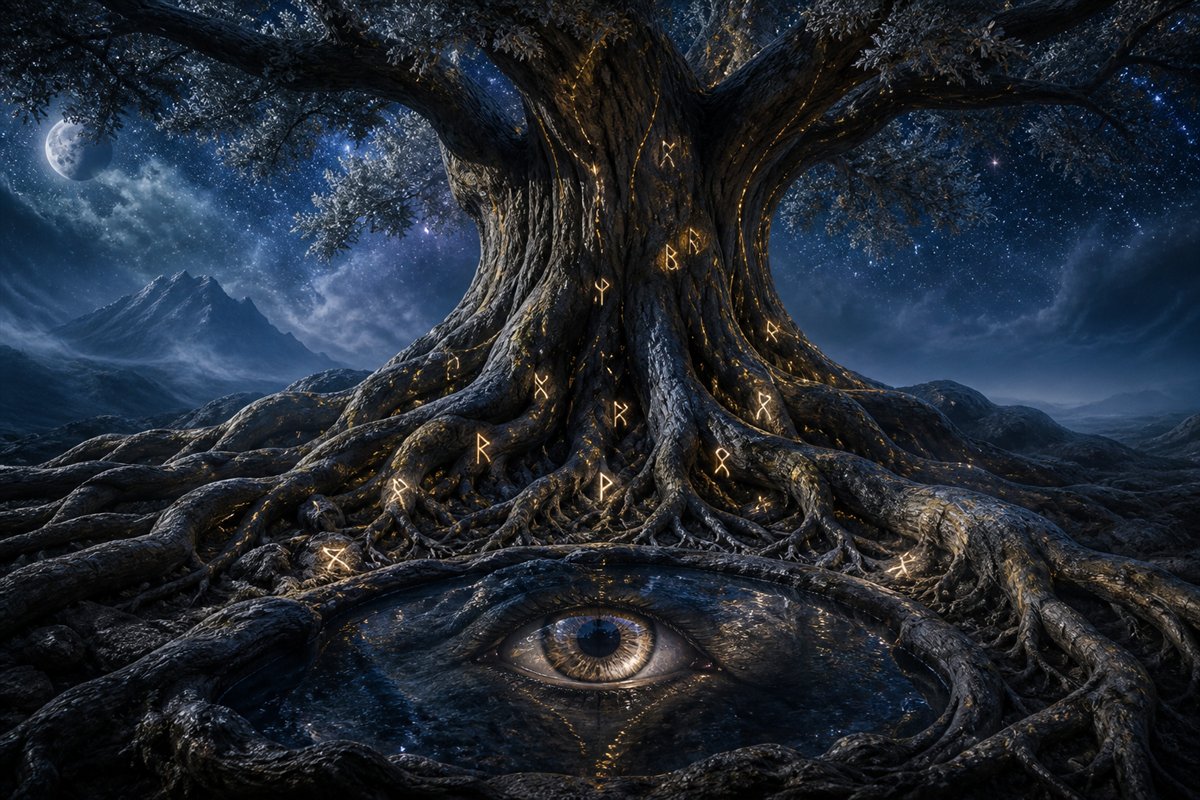 Ilustração artística de Odin diante de Yggdrasil em busca do conhecimento das runas