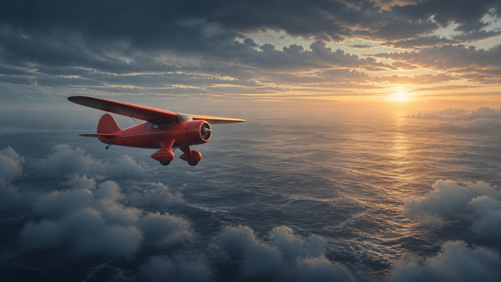 Reconstrução artística de um avião vermelho sobre o Atlântico ao amanhecer