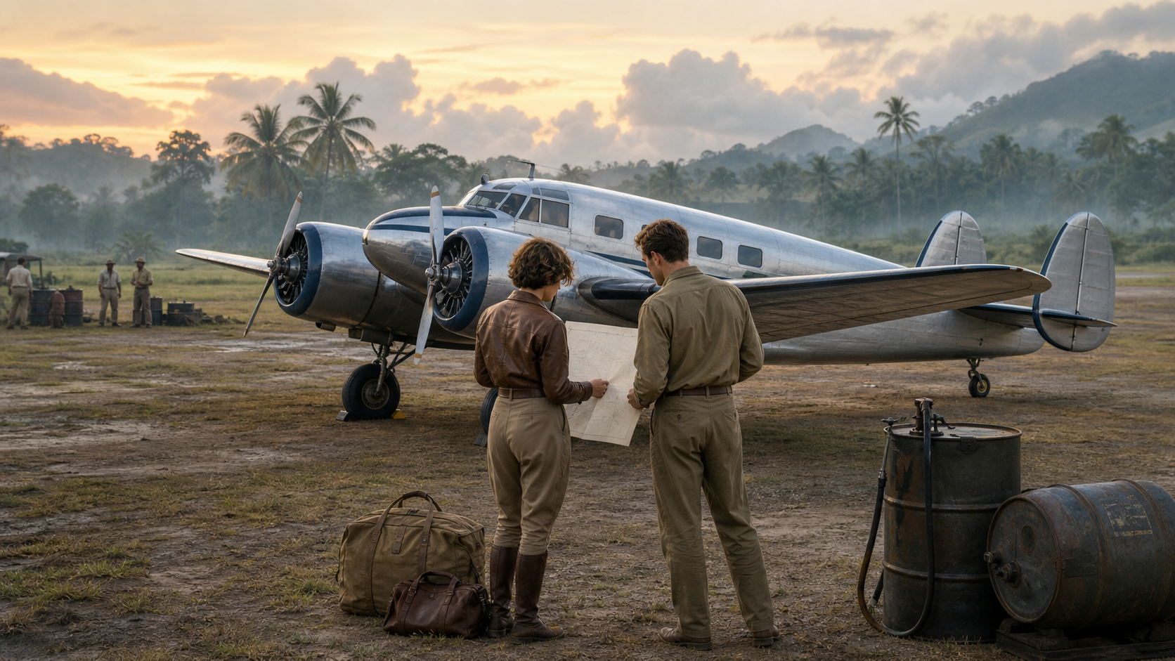 Reconstrução artística de Earhart e Noonan planejando a rota ao lado de um avião bimotor