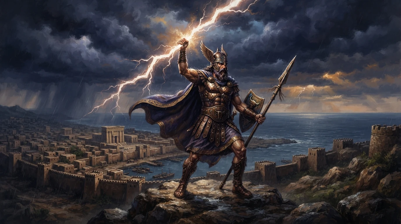 Ilustração artística de Baal erguendo o raio diante de nuvens sobre Ugarit
