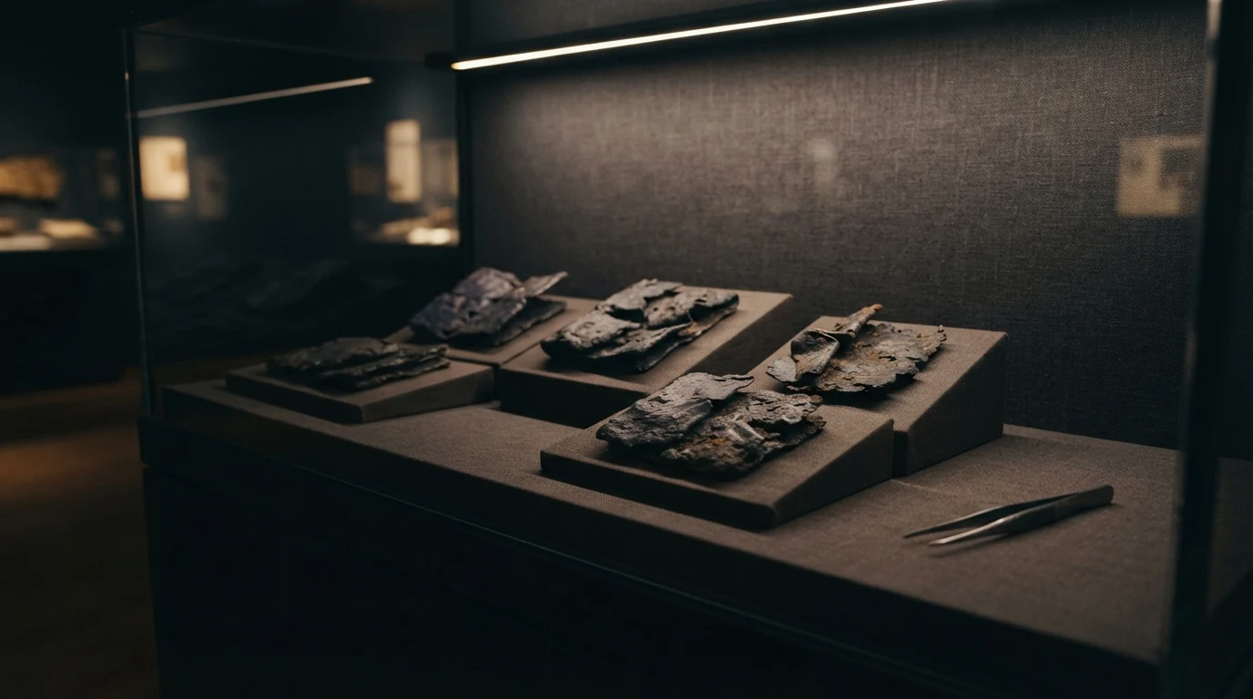 Detalhe conceitual de placas de chumbo preservadas em ambiente de museu