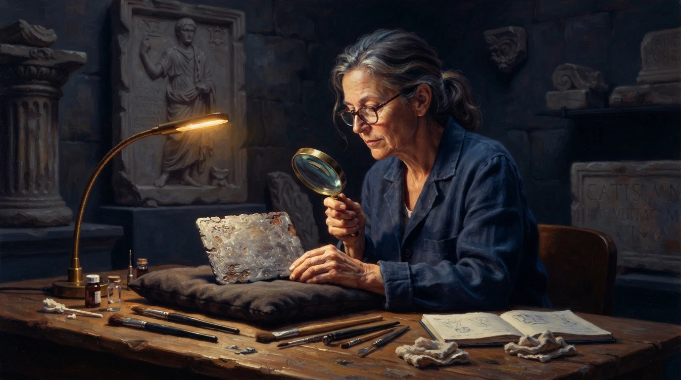 Pesquisadora analisando inscrição em chumbo com luz rasante e lupa