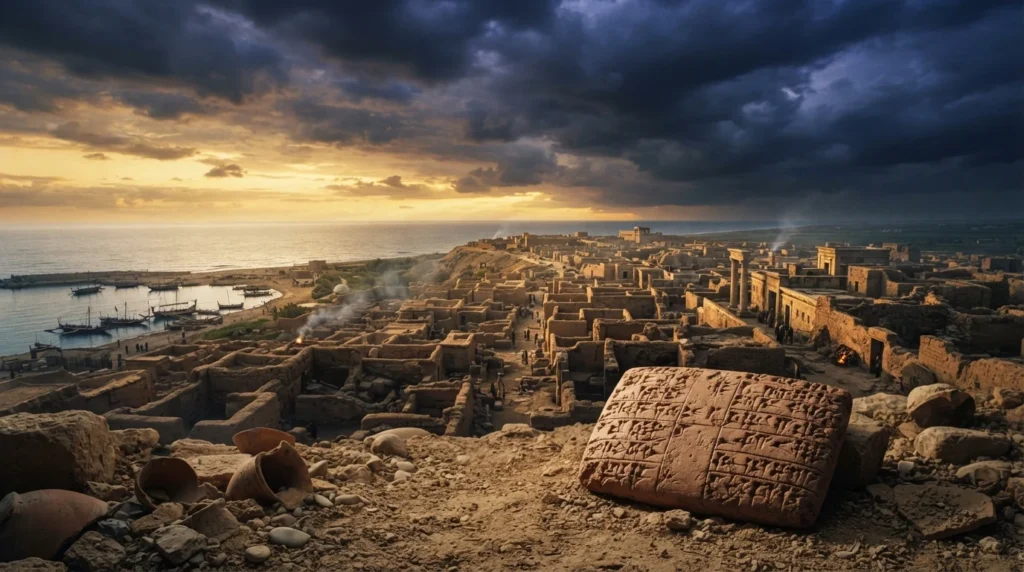 Ilustração artística de Baal e da paisagem mitológica de Ugarit