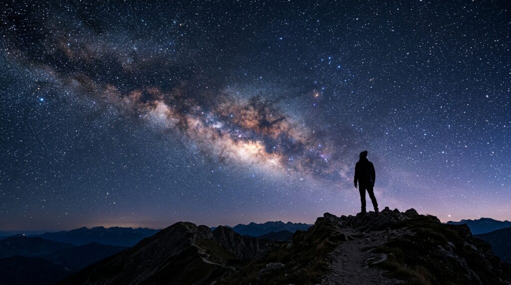 Pessoa observando um céu estrelado com a Via Láctea visível durante a noite