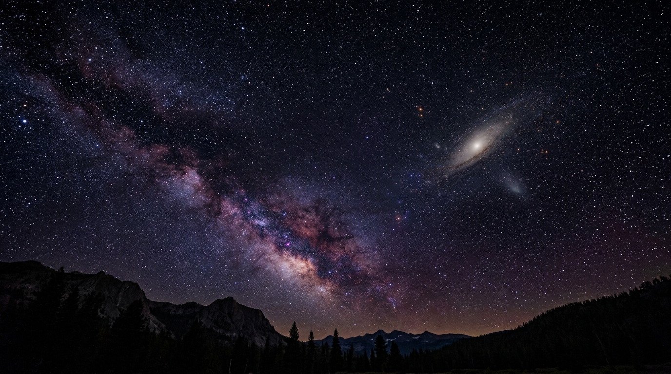 Foto de longa exposição mostrando a galáxia de Andrômeda como uma mancha de luz entre as estrelas