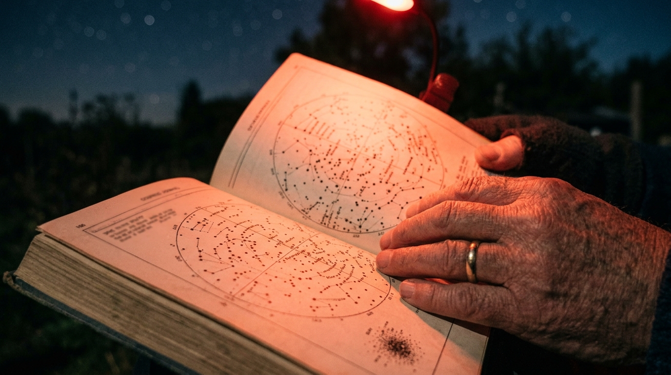 Mãos segurando um livro guia de estrelas iluminado por luz vermelha durante observação noturna