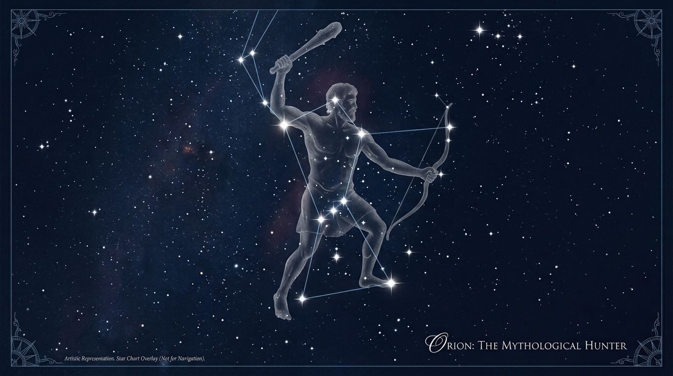 Ilustração artística mostrando as estrelas da constelação de Órion conectadas por linhas sobre um céu noturno