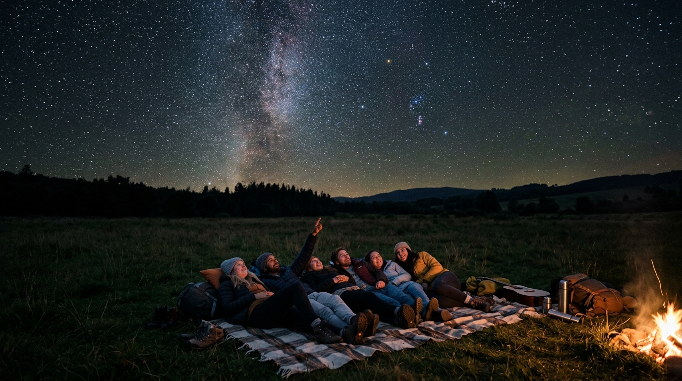 Pequeno grupo de pessoas deitadas em uma manta observando o céu estrelado em um campo aberto à noite