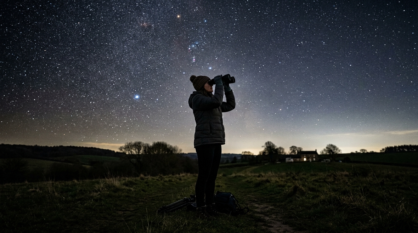 Silhueta de uma pessoa segurando um binóculo observando o céu estrelado durante a noite