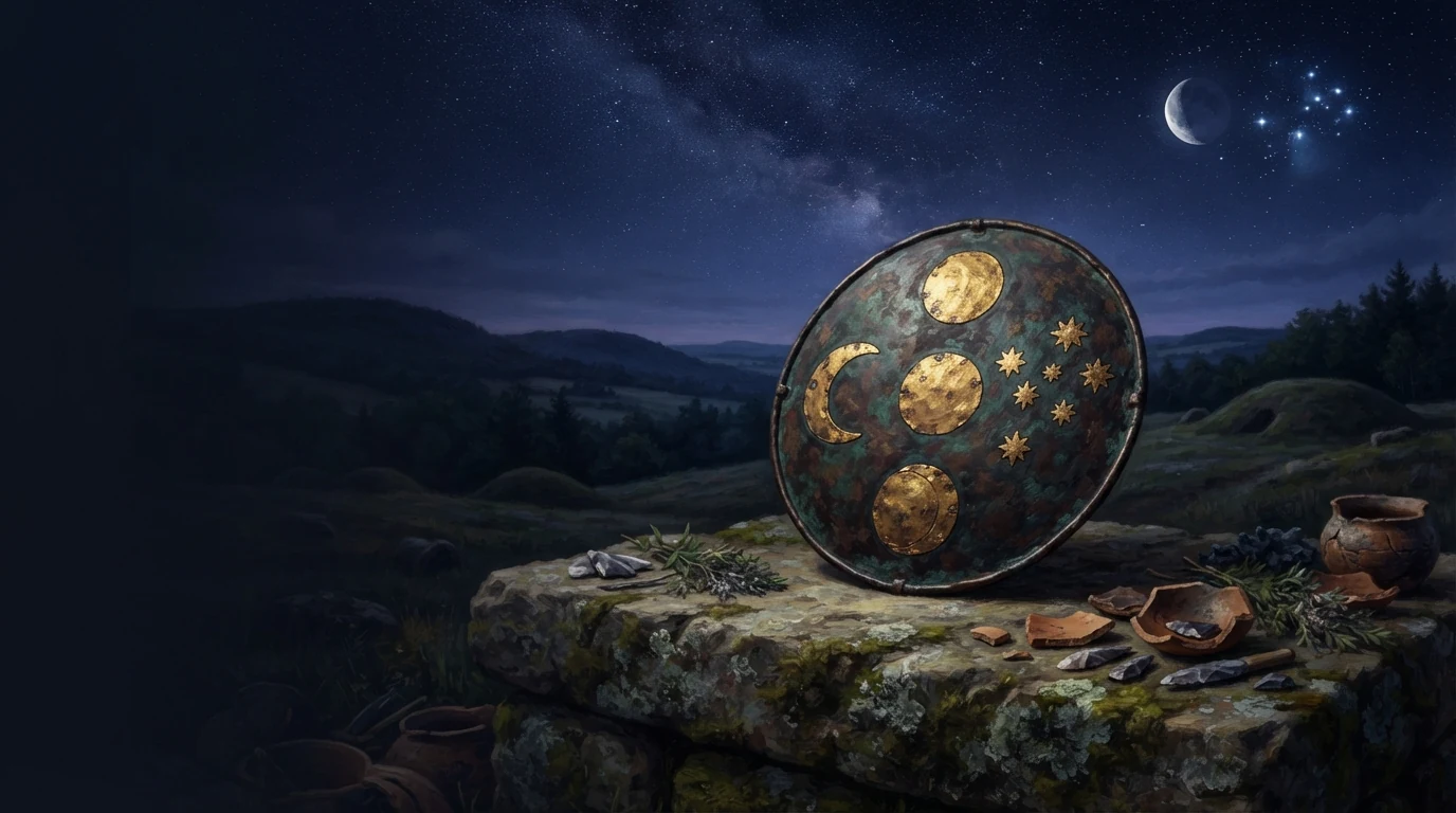 Reconstrução conceitual do Disco de Nebra sob um céu estrelado