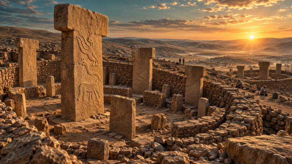 Göbekli Tepe ao amanhecer com seus pilares monumentais