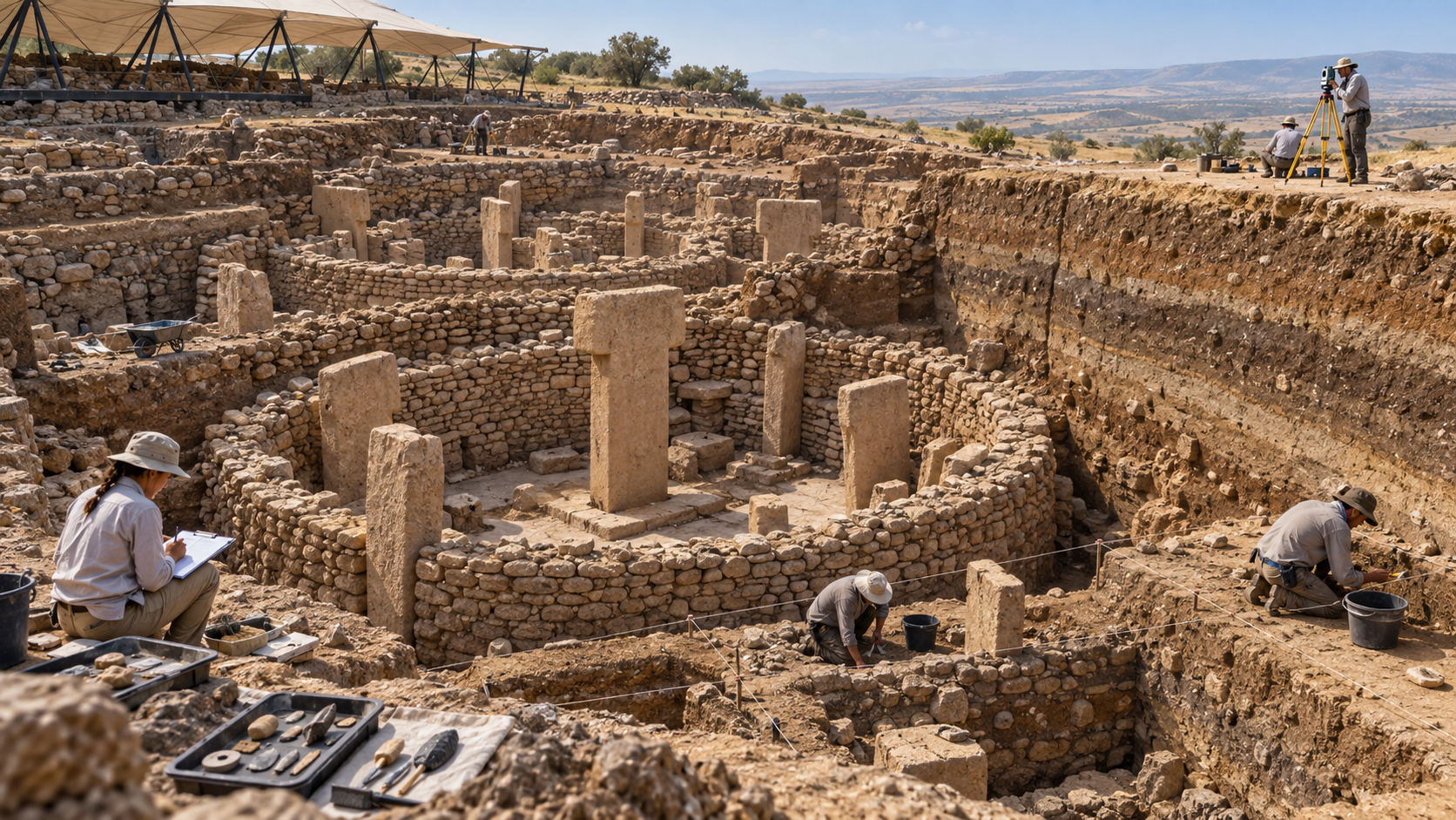 Escavação arqueológica e camadas de ocupação em Göbekli Tepe