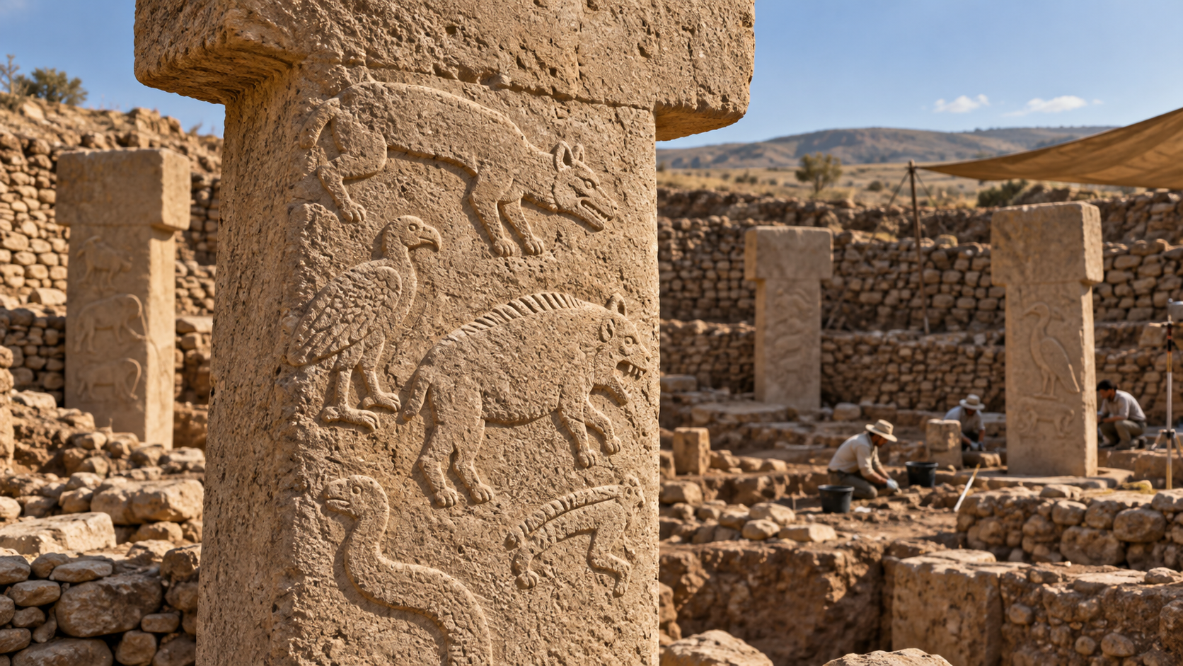 Pilar em forma de T com relevos de animais em Göbekli Tepe