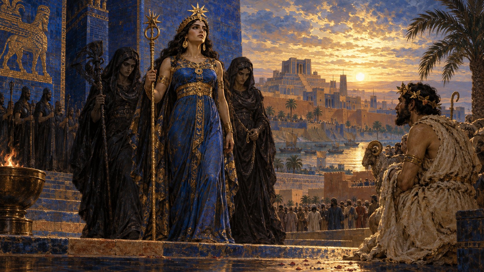 Ilustração artística do retorno de Inanna acompanhada pelos galla diante de Dumuzi