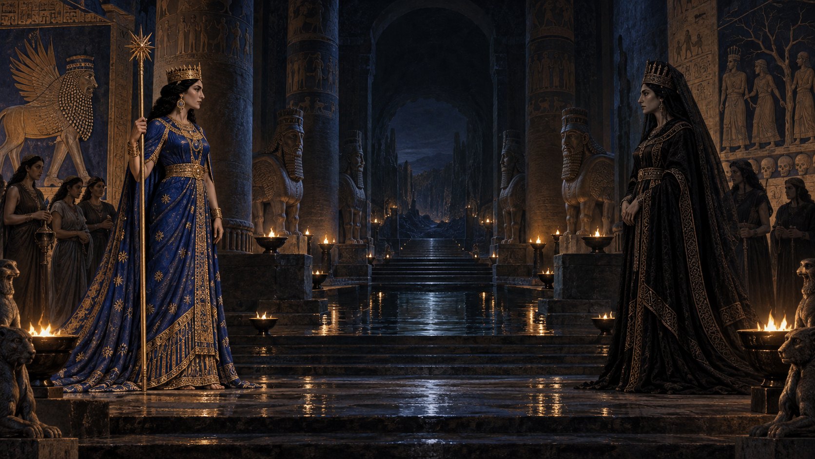 Ilustração artística do encontro de Inanna e Ereshkigal no mundo inferior