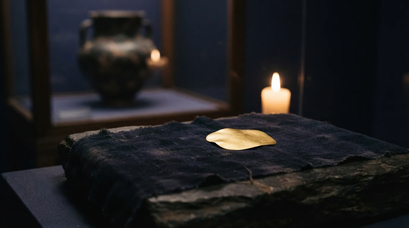 Reconstrução conceitual de uma lâmina de ouro funerária sobre tecido escuro