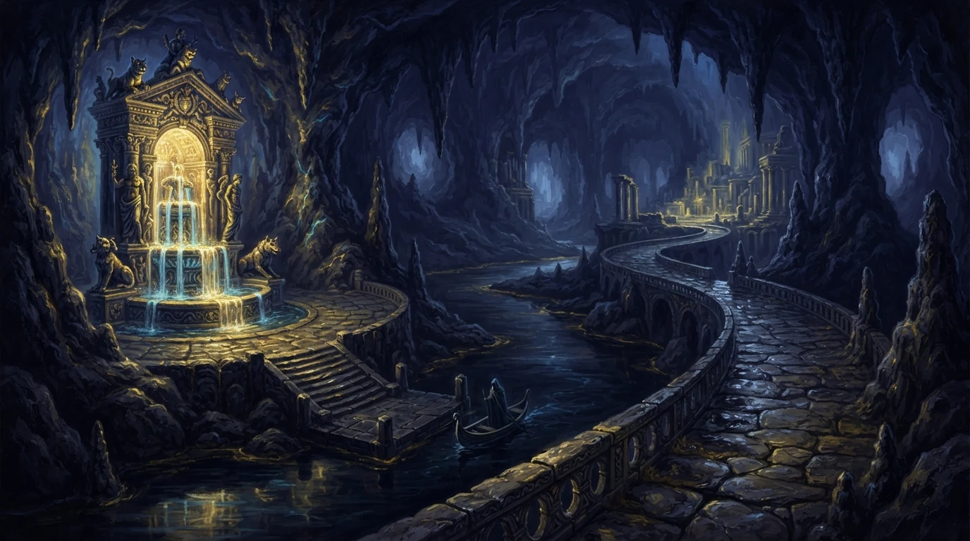 Ilustração artística de uma paisagem subterrânea simbólica com fonte e caminhos
