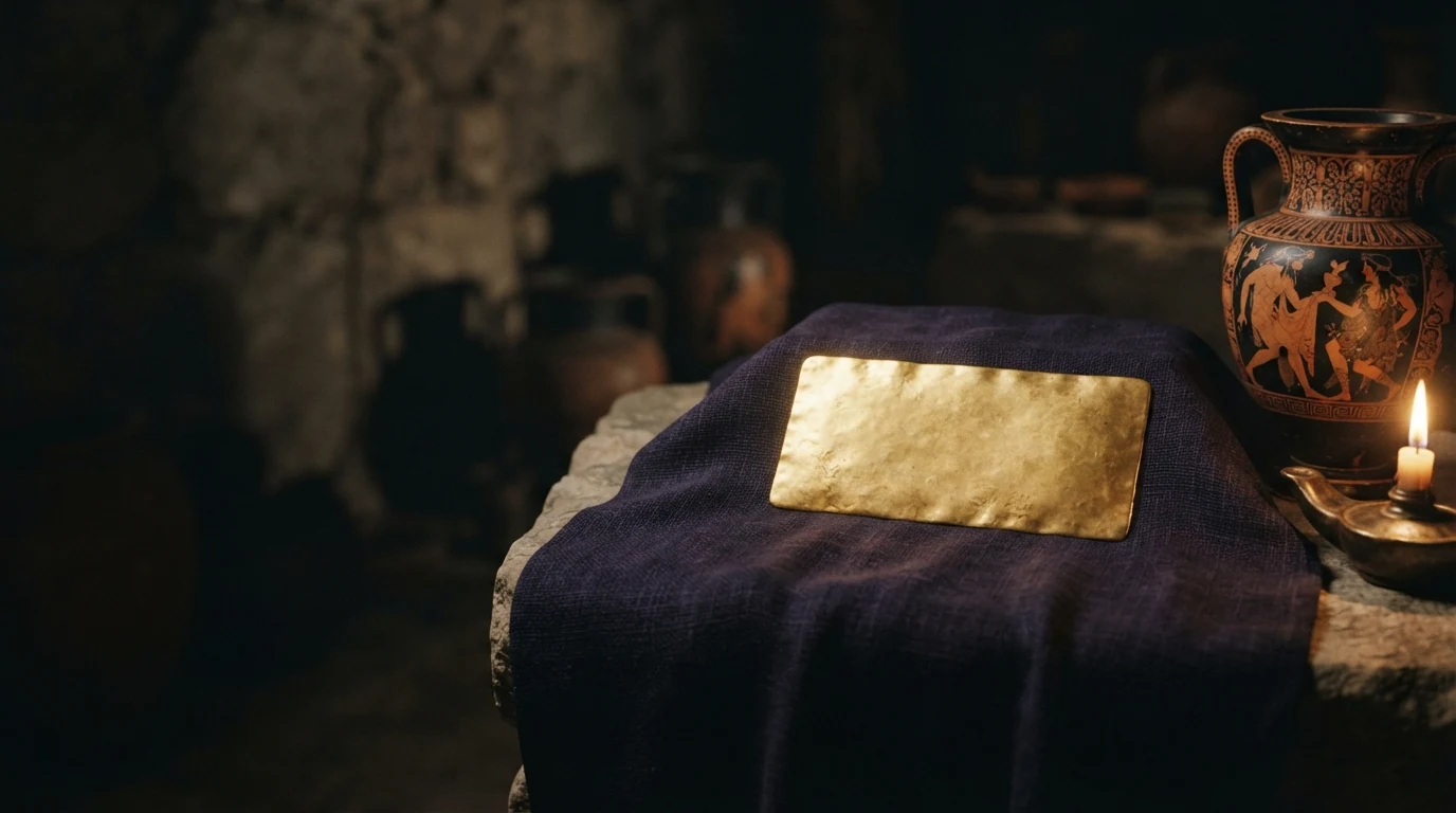 Ilustração artística de lâminas funerárias de ouro da Grécia antiga