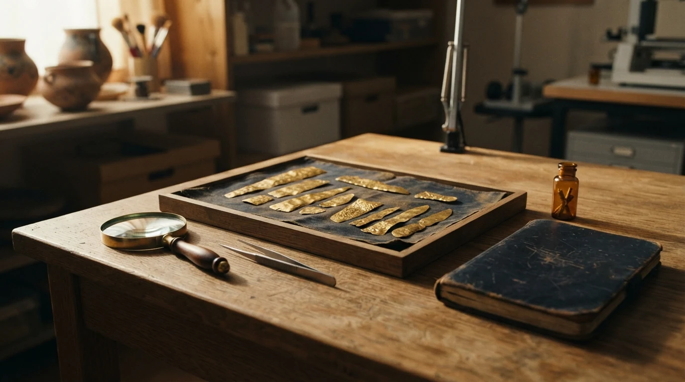 Mesa de pesquisa com fragmentos dourados, lupa e caderno de epigrafia