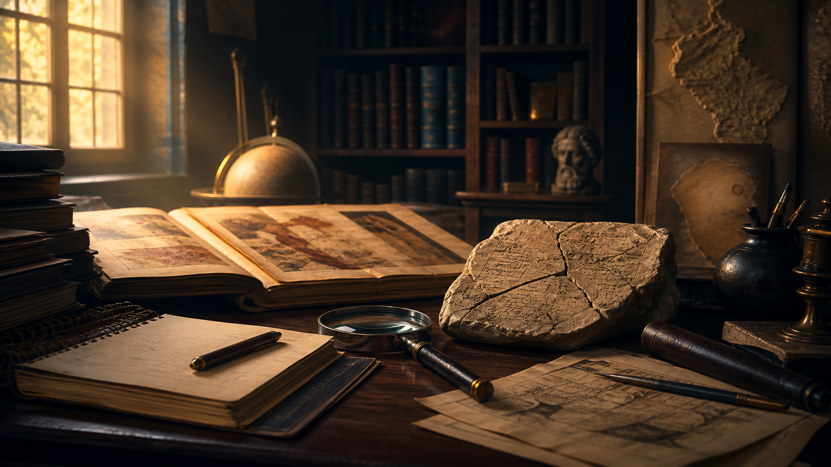 Ilustração conceitual de manuscritos e vestígios analisados em uma biblioteca de pesquisa