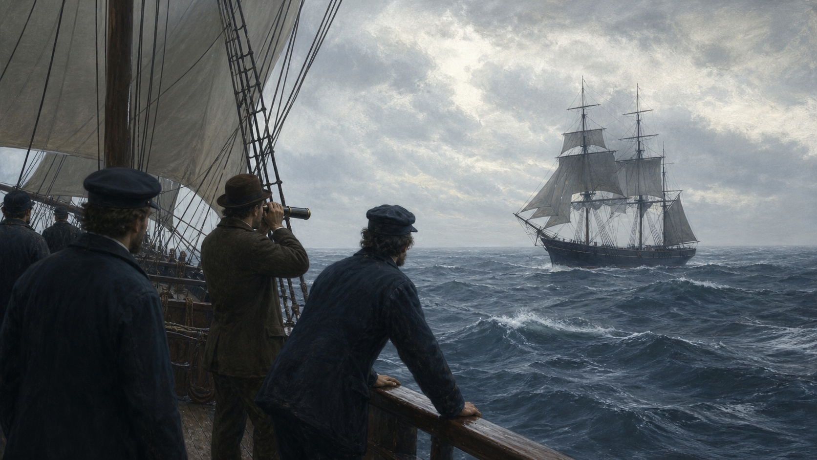 Representação artística da tripulação do Dei Gratia avistando o Mary Celeste à deriva