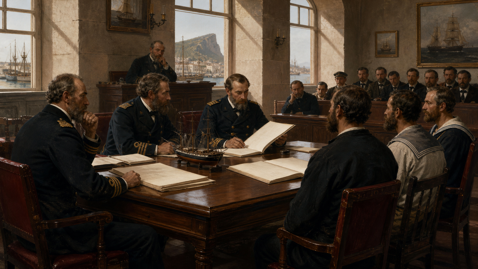 Representação artística do inquérito de Gibraltar sobre o desaparecimento no Mary Celeste