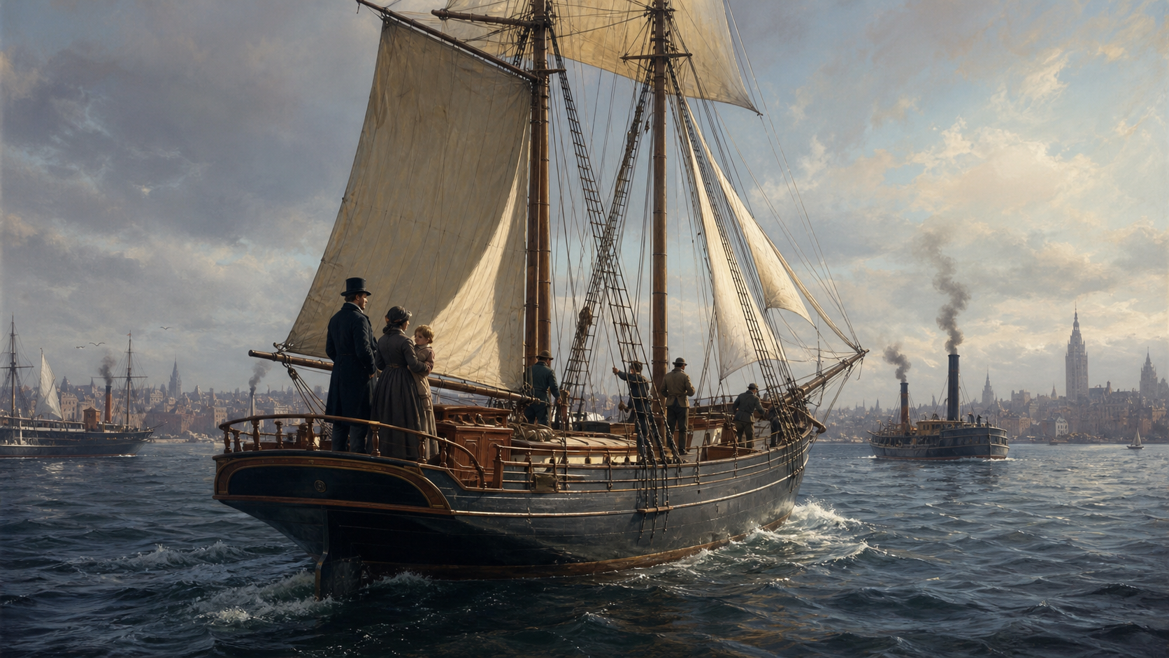 Representação artística do Mary Celeste deixando Nova York com a família Briggs e a tripulação